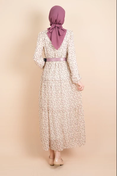 Yeni Koleksiyon Astarlı Şifon Çıtır Desen Pembe - 3