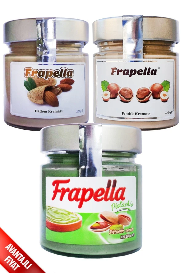 Frapella Antep Fıstık Kreması, Badem Kreması, Fındık Kreması 3 Adet X 220 Gr.