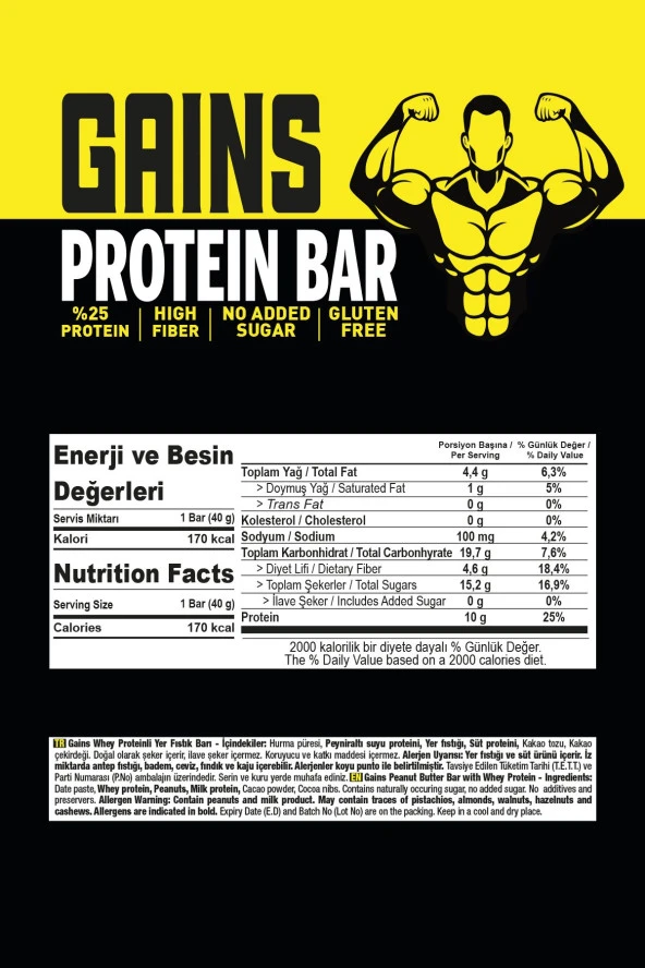 Gains Whey %25 Proteinli Yer Fıstık Barı 40 gr X 12 Paket - Resim 3