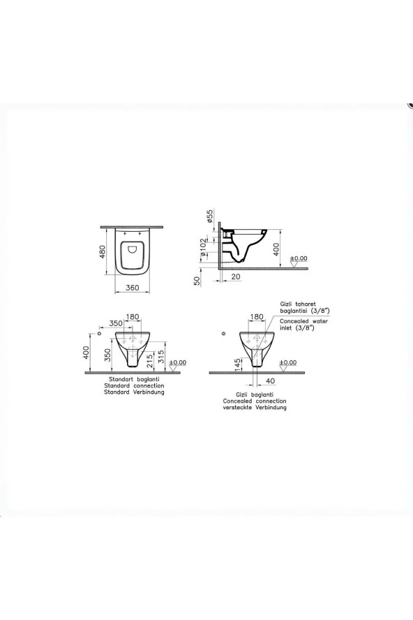 Vitra S20 Asma Klozet 5505L003-0868, Vitra S20 Soft Yavaş Kapanır Kapak 147-003-909 - 3