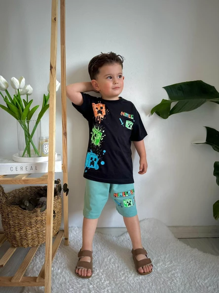 ERKEK ÇOCUK MINECRAFT DESENLİ PAMUK ŞORTLU TAKIM - Resim 4