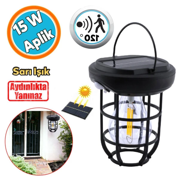 Güneş Enerjili Aplik Dış Aydınlatma 3 Modlu Işıklandırma Sensörlü Sarı Işıklı 15 W Portatif Fener Lamba ürün görseli 1