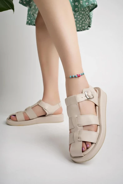 Muggo DOSSİ Garantili Dolgu Topuklu Bilekten Bağlamalı Tokalı Kadın Sandalet - 2