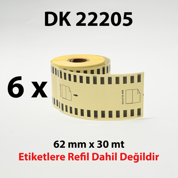 EcotagPlus Brother DK 22205  Etiket 62 mm x 30,48 m -Sürekli - 6 Adet + Tutucu