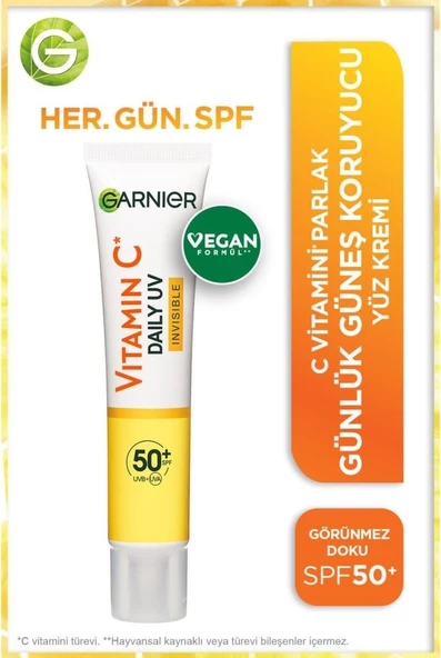 Garnier C Vitamini Parlak Günlük Güneş Koruyucu Fluid Yüz Kremi Görünmez Doku SPF50+ 40ML