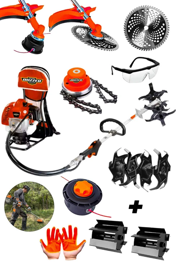 Dozzer LAND Seri 2.4Hp Benzinli Sırt Tipi Ot Çim Biçme Tırpan Makinesi Toprak Eşeleme +  Akrobat Çapa