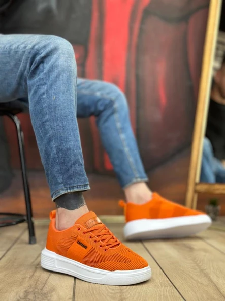 BA0349 Özel Örme Triko Yüksek Taban Tarz Turuncu Renk Spor Ayakkabı - 2