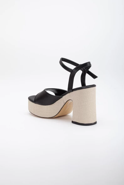Hasır Kaplama Taban Baretli Cilt Siyah Kadın Platform Topuk Ayakkabı - Resim 5