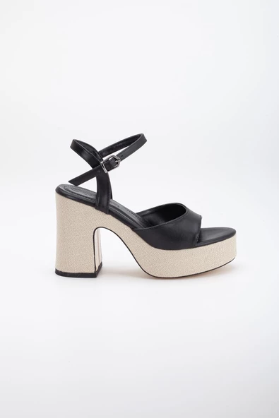 Hasır Kaplama Taban Baretli Cilt Siyah Kadın Platform Topuk Ayakkabı - Resim 3