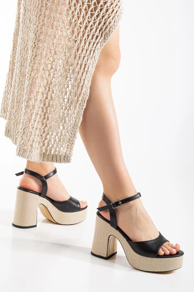 Hasır Kaplama Taban Baretli Cilt Siyah Kadın Platform Topuk Ayakkabı - Resim 2