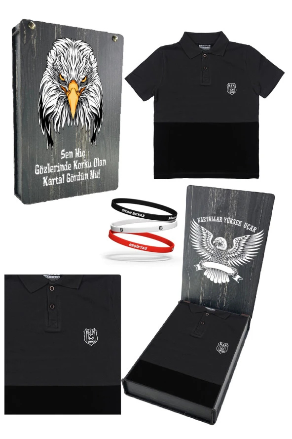 Beşiktaş Orijinal Polo Yaka Çocuk T-shirt + Bileklik Set Hediyelik Ahşap Kutulu