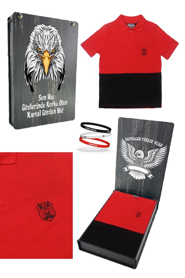 Beşiktaş Orijinal Polo Yaka Çocuk T-shirt + Bileklik Set Hediyelik Ahşap Kutulu - 4