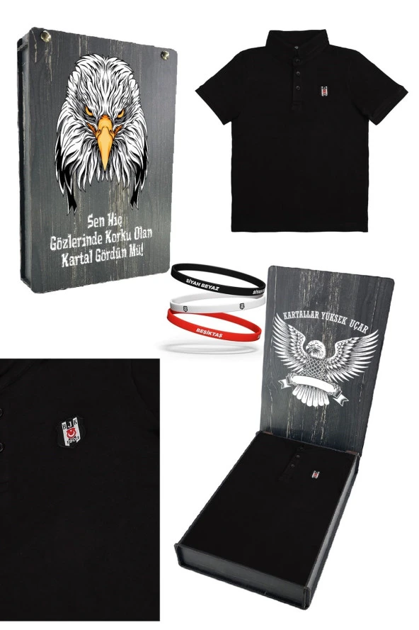 Beşiktaş Orijinal Polo Yaka Çocuk T-shirt + Bileklik Set Hediyelik Ahşap Kutulu