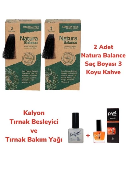 NATURA BALANCE SAÇ BOYASI 3 KOYU KAHVE 2 ADET + KALYON TIRNAK BESLEYİCİ VE BAKIM YAĞI