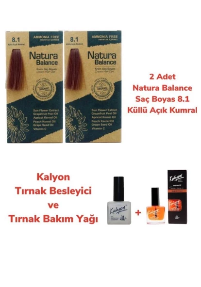 NATURA BALANCE SAÇ BOYASI 8.1 KÜLLÜ AÇIK KUMRAL BAKIR 2 ADET + KALYON TIRNAK BESLEYİCİ VE BAKIM YAĞI