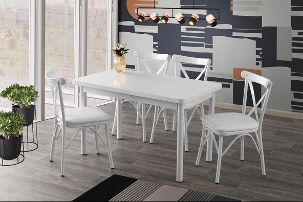 Sabit 70x120  Masa Beyaz 4 Adet Çapraz SandalyeTakım
