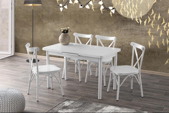 Silva Açılır Masa Beyaz 4 Adet Çapraz Sandalye Takım