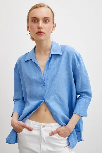 Fakir Kol Keten Gömlek Mavi - Resim 4