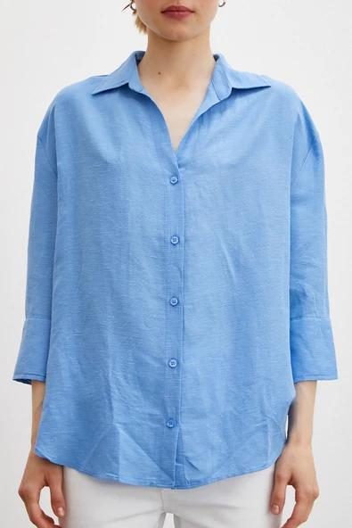 Fakir Kol Keten Gömlek Mavi - Resim 2
