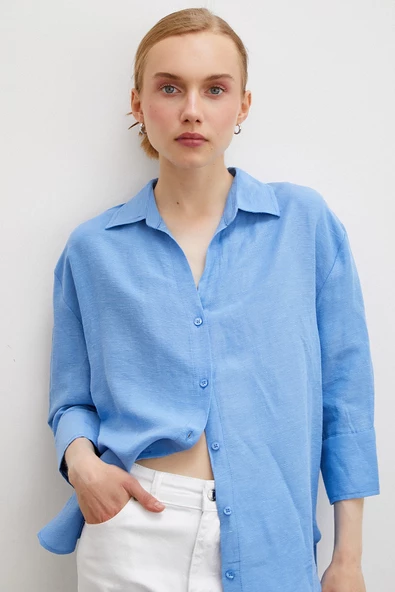 Fakir Kol Keten Gömlek Mavi - Resim 6