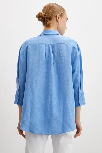 Fakir Kol Keten Gömlek Mavi - Resim 3
