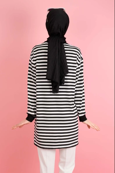 Kadın Yazlık Çizgili Penye Tesettür Tunik İnce Çizgi Siyah - Resim 4