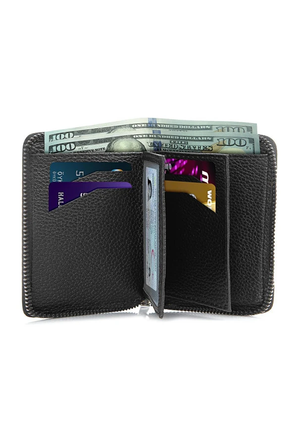 Kutulu Vegan Deri Siyah Fermuarli Erkek Cüzdan Kemer Kartlık Seti  Siyah - Resim 4