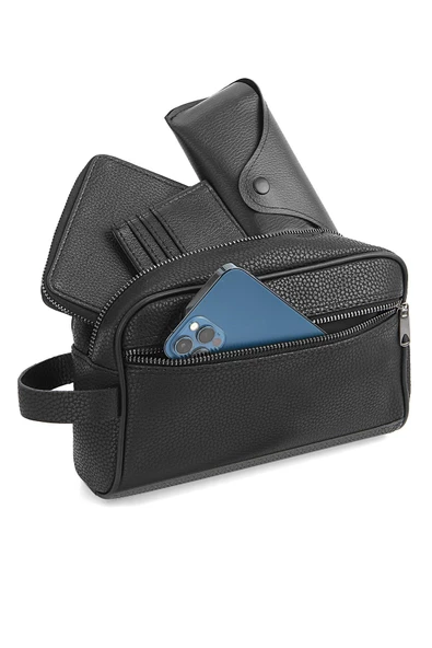 Vegan Deri Siyah El Çantası ve Klasik Cüzdan & Kartlık Parfümlü Hediye Seti  Siyah - Resim 3