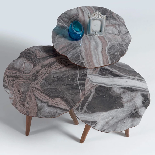 3'Lü Yaprak Ahşap Zigon Sehpa Bej Mermer B5 - 2