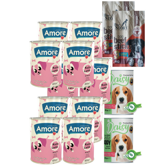 Amore 10+2 Kuzu Parça Etli Yavru Köpek Konservesi, 2 adet 3lü Sticks