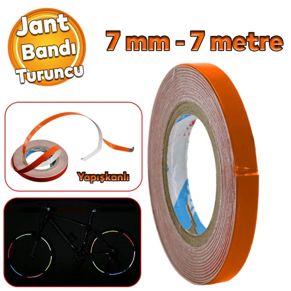 Kendinden Yapışkanlı Neon Bisiklet Araba Jant Bandı 7 mm X 7 metre Turuncu Reflektif Parlayan Bant