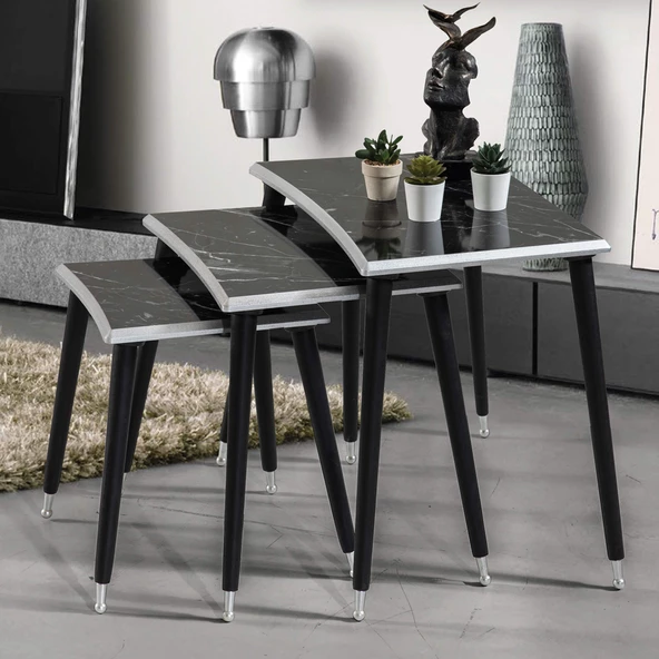 3'Lü Siyah Mermer Dikdörtgen Ahşap Zigon Gümüş Kenarlı Sehpa Lüx Ayaklı E6 - 2