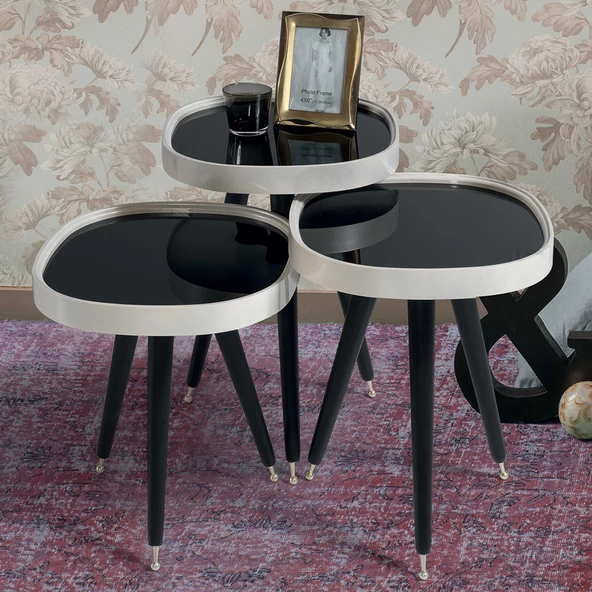 3'Lü Siyah Aynalı Yuvarlak Zigon Sehpa Gümüş Çerçeveli Ahşap Lüx Ayaklı D2