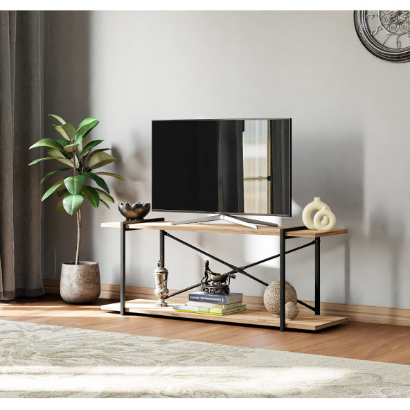 Eportatif Televizyon Ünitesi Tv Standı Raflı Metal Sehpa Çam 1379