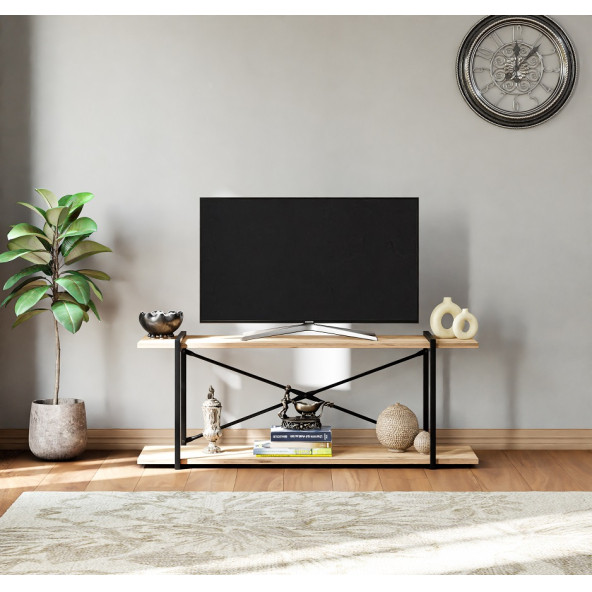 Eportatif Televizyon Ünitesi Tv Standı Raflı Metal Sehpa Çam 1379 - 2