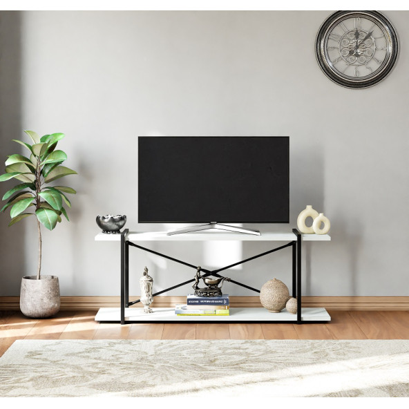 Eportatif Televizyon Ünitesi Tv Standı Raflı Metal Sehpa Beyaz 1380 - 2