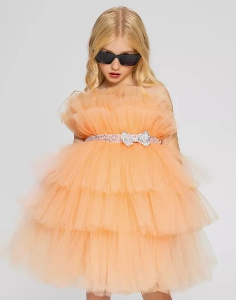 Saten Kumaş , Tütülü Nimfea Kız Çocuk Abiye Elbise MNK0597 - Resim 2