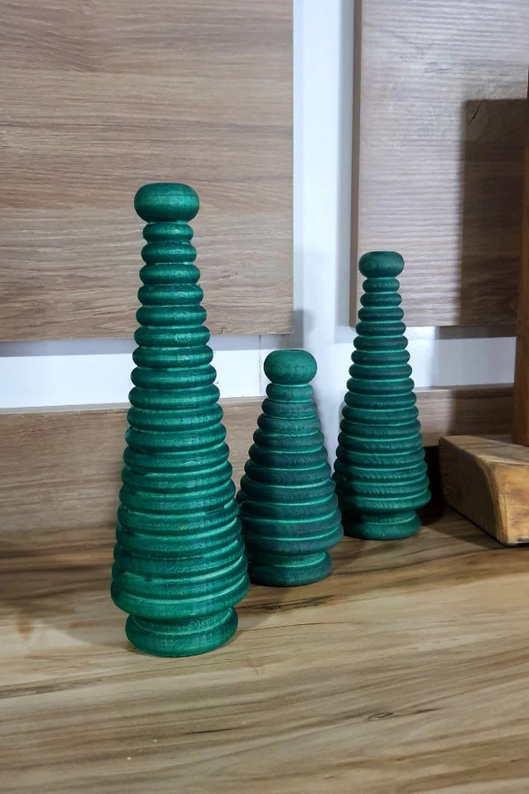 Ahşap Dekor Yılbaşı Dekoru Çam Ağcı El Yapımı Eskitme Yeşil Doğal Dekor 3 Parça - 3