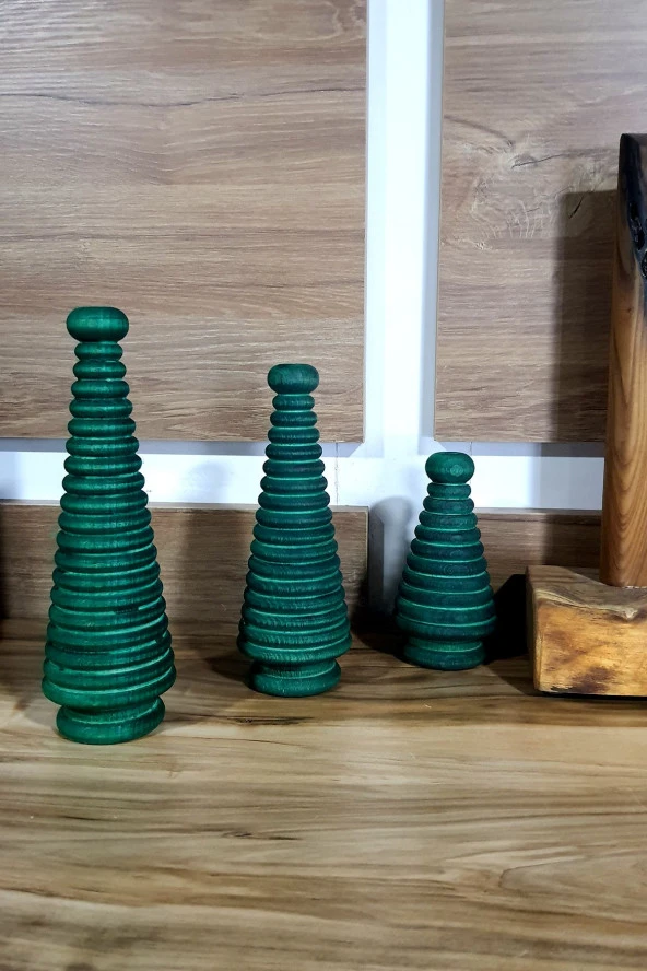 Ahşap Dekor Yılbaşı Dekoru Çam Ağcı El Yapımı Eskitme Yeşil Doğal Dekor 3 Parça - 4