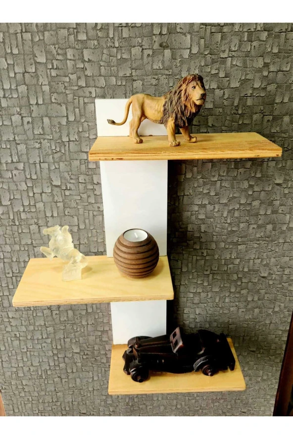 Doğal Ahşap Çoklu Raf Dekoratif Duvar  Rafı - 3