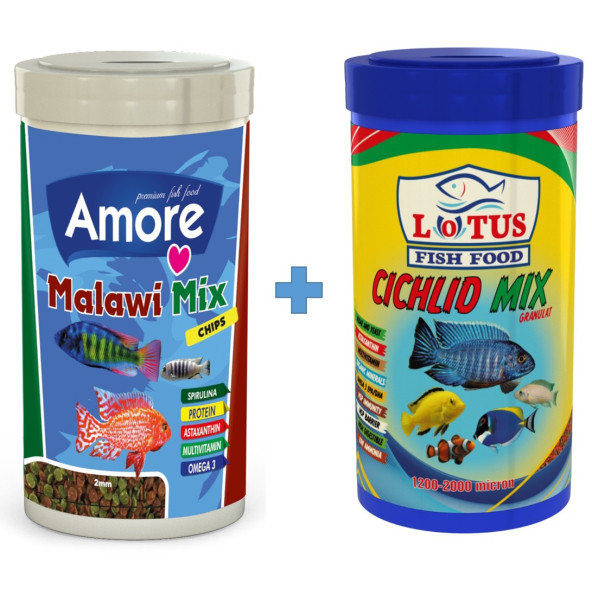 Amore Malawi Mix Chips 1000ml Ve Lotus Cichlid Mix 1000ml Kutu Balık Yemi