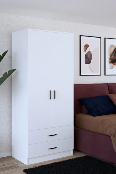 ABETE MOBİLYA 2 Kapılı 2 Çekmeceli Gardırop / Beyaz