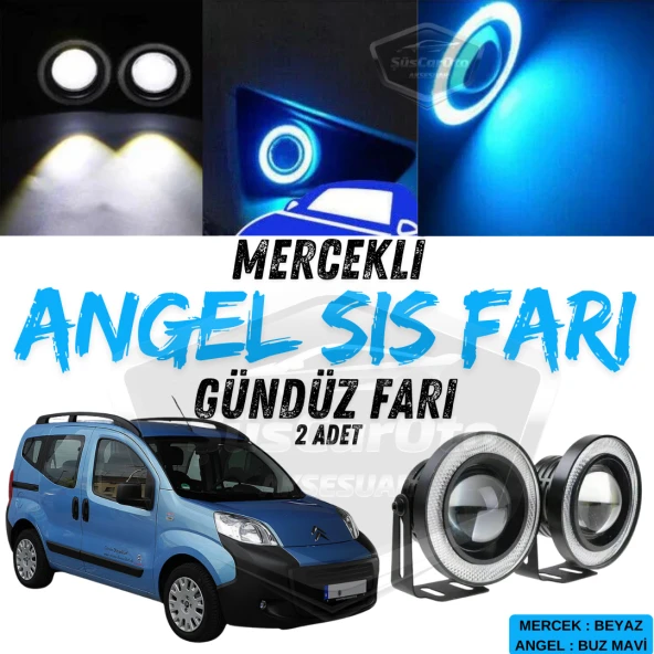 Citroen Nemo 2008-2022 Uyumlu Üniversal Mercekli Angel Sis Farı Metal 76 mm Buz Mavi Halkalı Gündüz Farı Angel 2 Adet