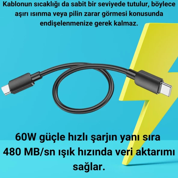 Polham Ultra Hızlı 25CM 60W Type C To Type C Şarj Data Kablosu, Telefon, Tablet, Powerbank Şarj Kablosu - 4