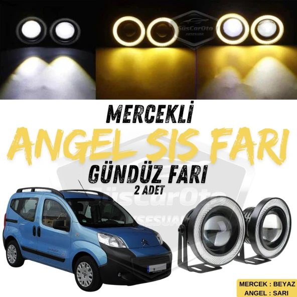 Citroen Nemo 2008-2022 Uyumlu Üniversal Mercekli Angel Sis Farı Metal Su Geçirmez 76 mm Sarı Halkalı Gündüz Farı 2 Adet