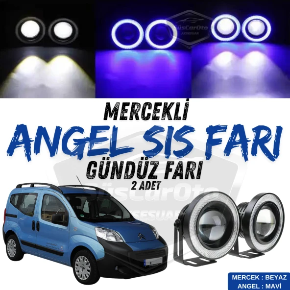 Citroen Nemo 2008-2022 Uyumlu Üniversal Mercekli Angel Sis Farı Metal Su Geçirmez 76 mm Mavi Halkalı Gündüz Farı 2 Adet ürün görseli 1