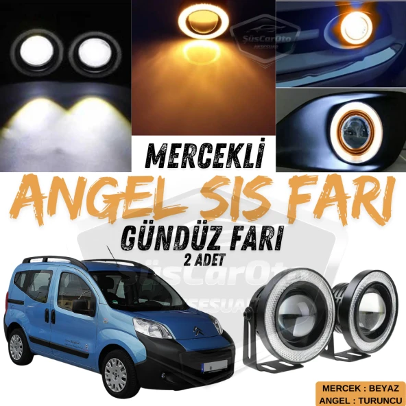 Citroen Nemo 2008-2022 Uyumlu Üniversal Mercekli Angel Sis Farı Metal Su Geçirmez 76 mm Turuncu Halkalı Gündüz Farı