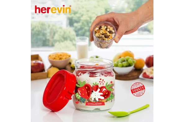 425 CC DESENLİ KAŞIKLI YOĞURT KABI KIRMIZI - 2