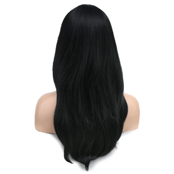 Katlı Kesim Perçemli Düz Fiber Sentetik Orta Boy Peruk - Siyah H4899-1 - 4