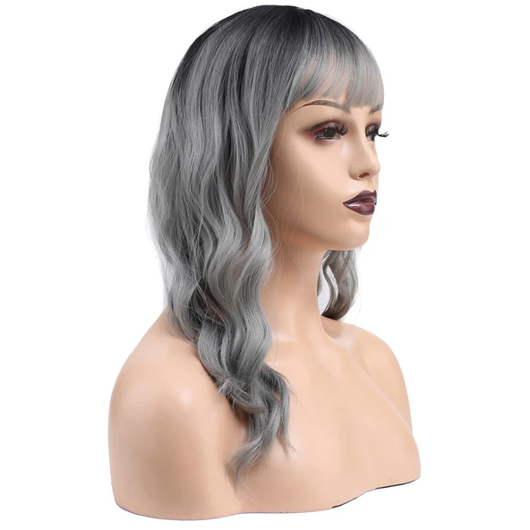 Dalgalı Kısa Perçemli Fiber Sentetik Peruk - Siyah / Gri Ombreli H9882-2F89A - Resim 2